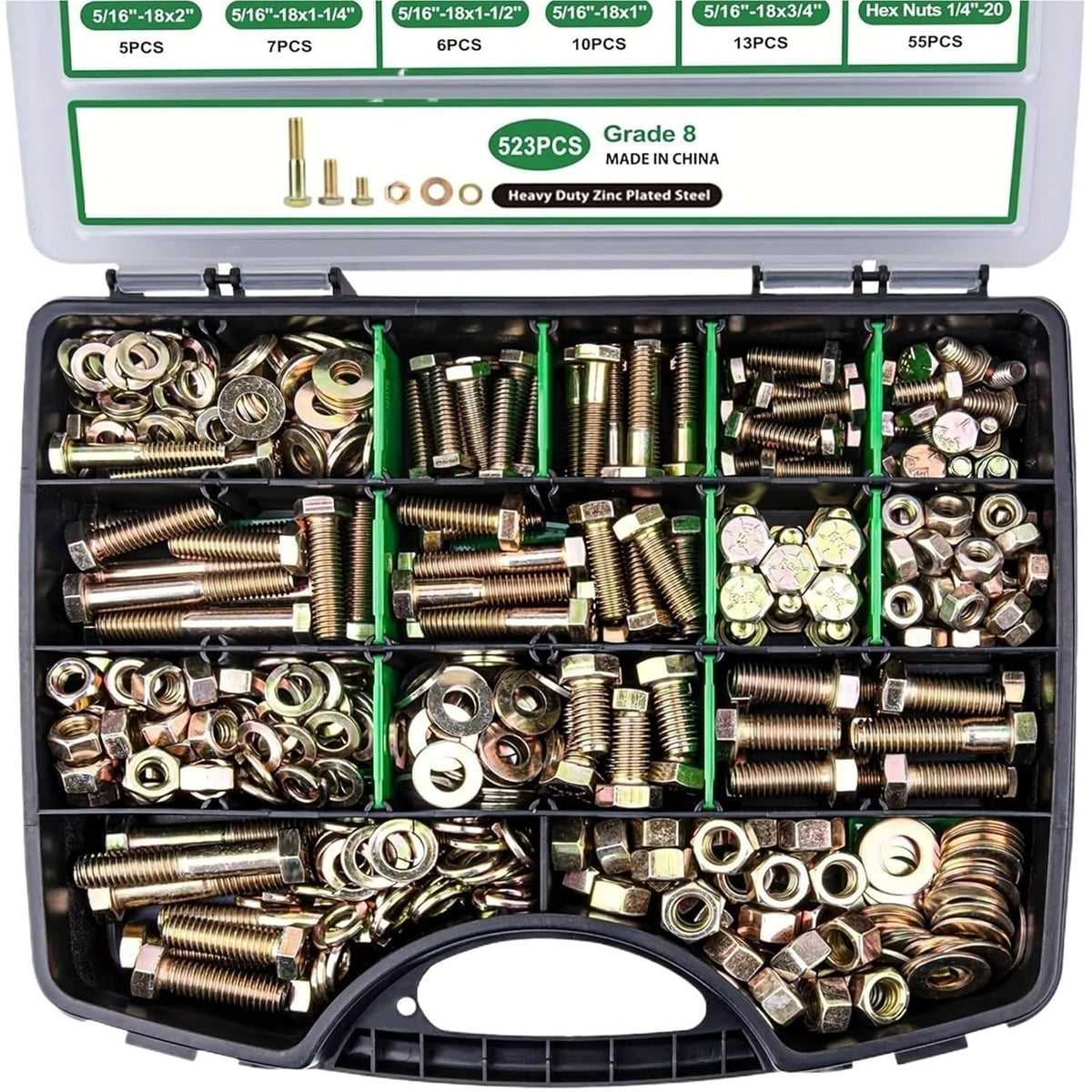 Set Screw Assortment Kit 523PCS Heavy Duty Hex Bolts and Nuts Assortment Kit for Homeowners,DIYers,Mechanics,Industrial Workers