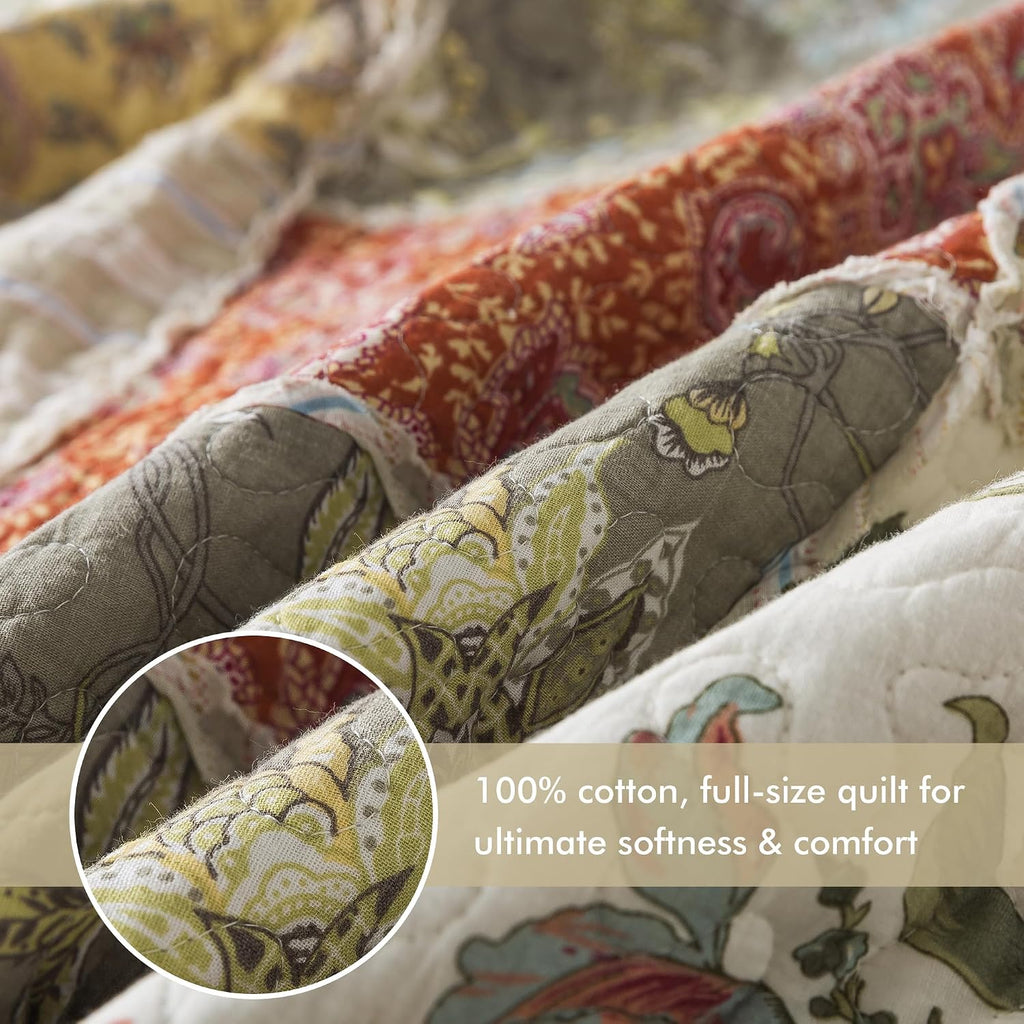 Etwel 100% Cotton Patchwork King Size Quilt Set - Lightweight Breathable Reversible Bedspread for Hot Sleepers, Farmhouse Floral Bedding Set with 2 Pillow Shams for All Season (106'x94', Beige Floral)