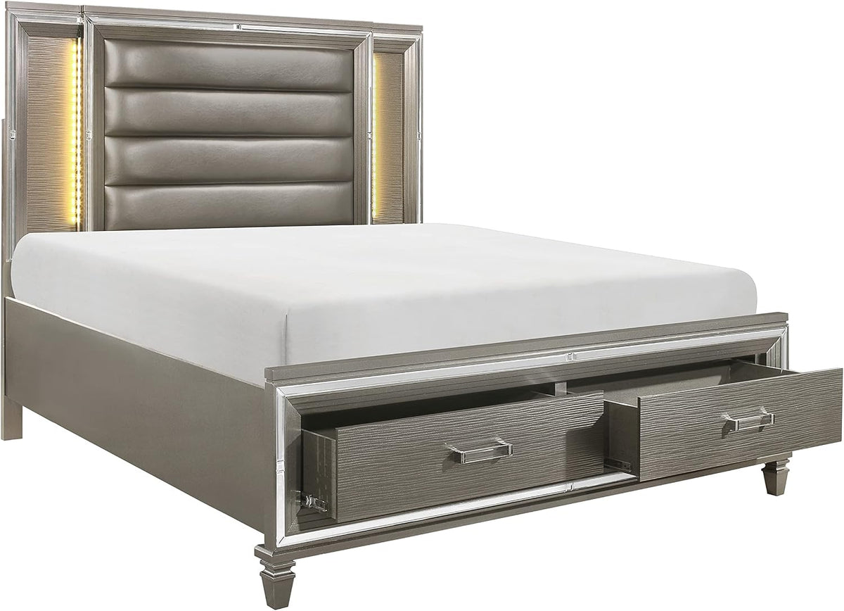 Glam Luxury Silver Gray Finish 3-Piece Bedroom Set King Size Platform Stoarge Bed and Two Nightstands Tufted LED Headboard Furniture