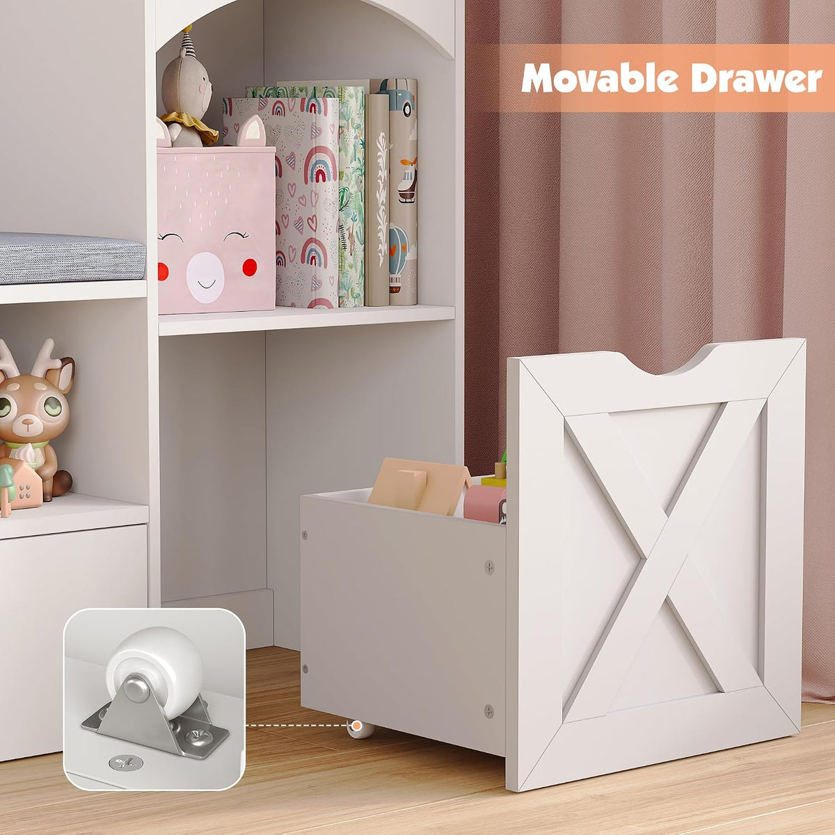 Vabches 54.3'' Kids Bookshelf with Reading Nook, Toy Storage Organizer with Seat Cushion, LED Lights and 3 Movable Drawers, Castle-Shaped Bookcase with Bench for Playroom, Nursery, Bedroom (White)