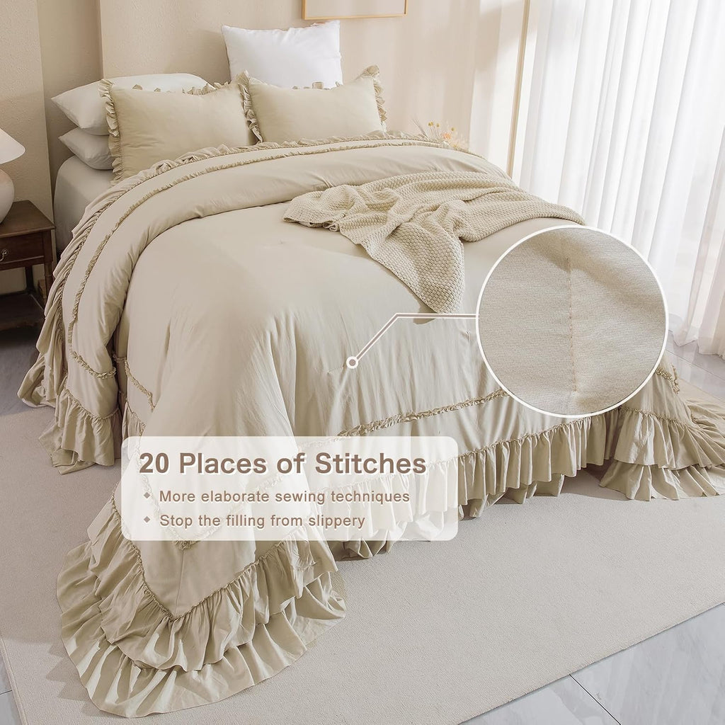 Masaca 120x120 Oversized Comforter King Size,Farmhouse Shabby Boho Chic Ruffle California King Bed Comforter Set French Country Rustic Bedding 3PCS (1 Ruffled Comforter+2 Pillow Shams)