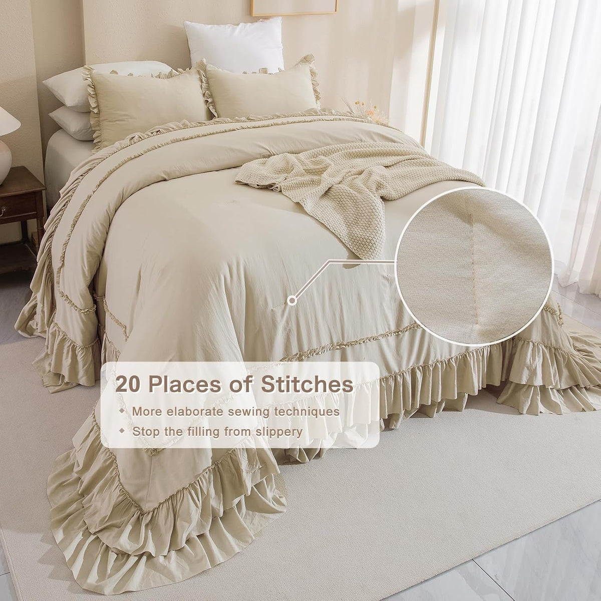 Masaca 120x120 Oversized Comforter King Size,Farmhouse Shabby Boho Chic Ruffle California King Bed Comforter Set French Country Rustic Bedding 3PCS (1 Ruffled Comforter+2 Pillow Shams)