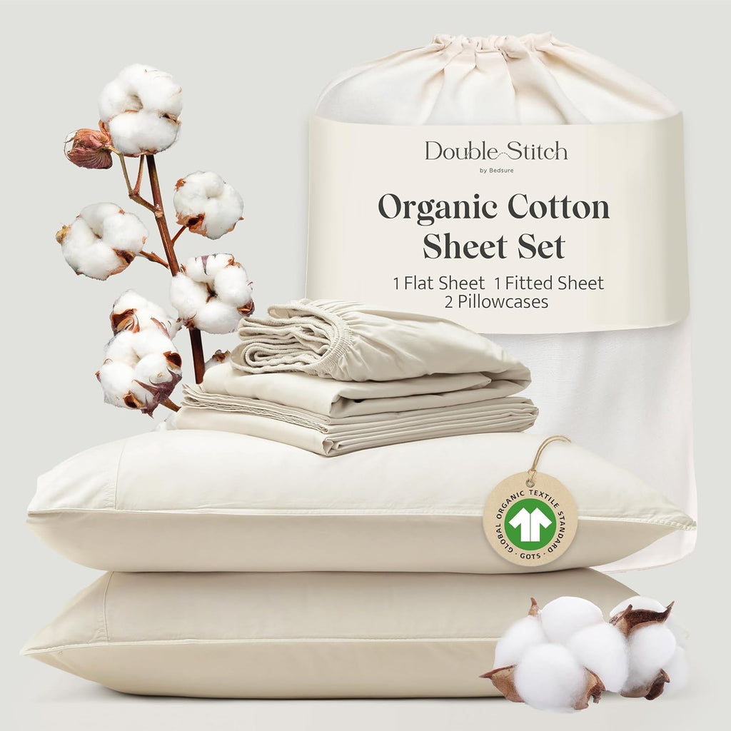 Double Stitch 100% Organic Cotton Sheets, King Size Sheets Set, GOTS Certified Long Staple Cotton Bedsheets, Luxury & Soft Hotel Bed Sheets with 16 inches Deep Pocket, Made in India Coconut Milk