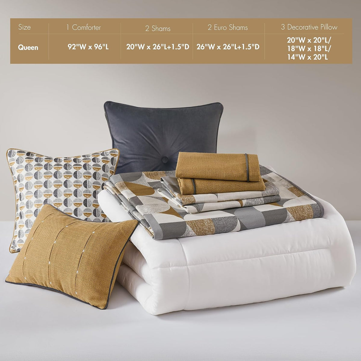Madison Park Queen Comforter Set Jacquard Scandinavian Geometric Oversized Comforters Queen Size Bed, All Season Bedding Queen Size Comforter, Shams, Pillows, Cirque, Queen Gold 8 Piece