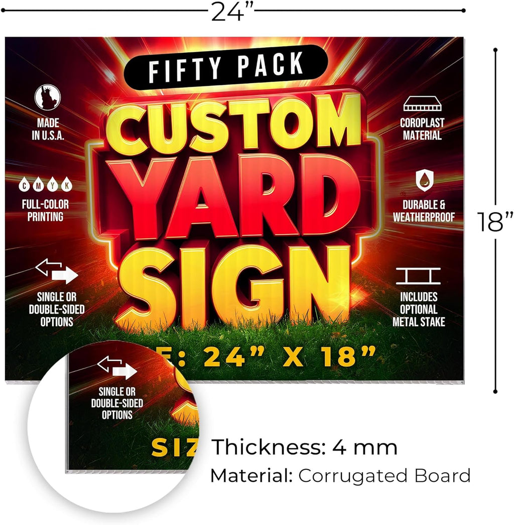 50 Pack 24'x18' Custom Yard Signs with Stakes, Personalized Yard Signs for Outdoors, Customized Full Color Print Corrugated Signs for Business