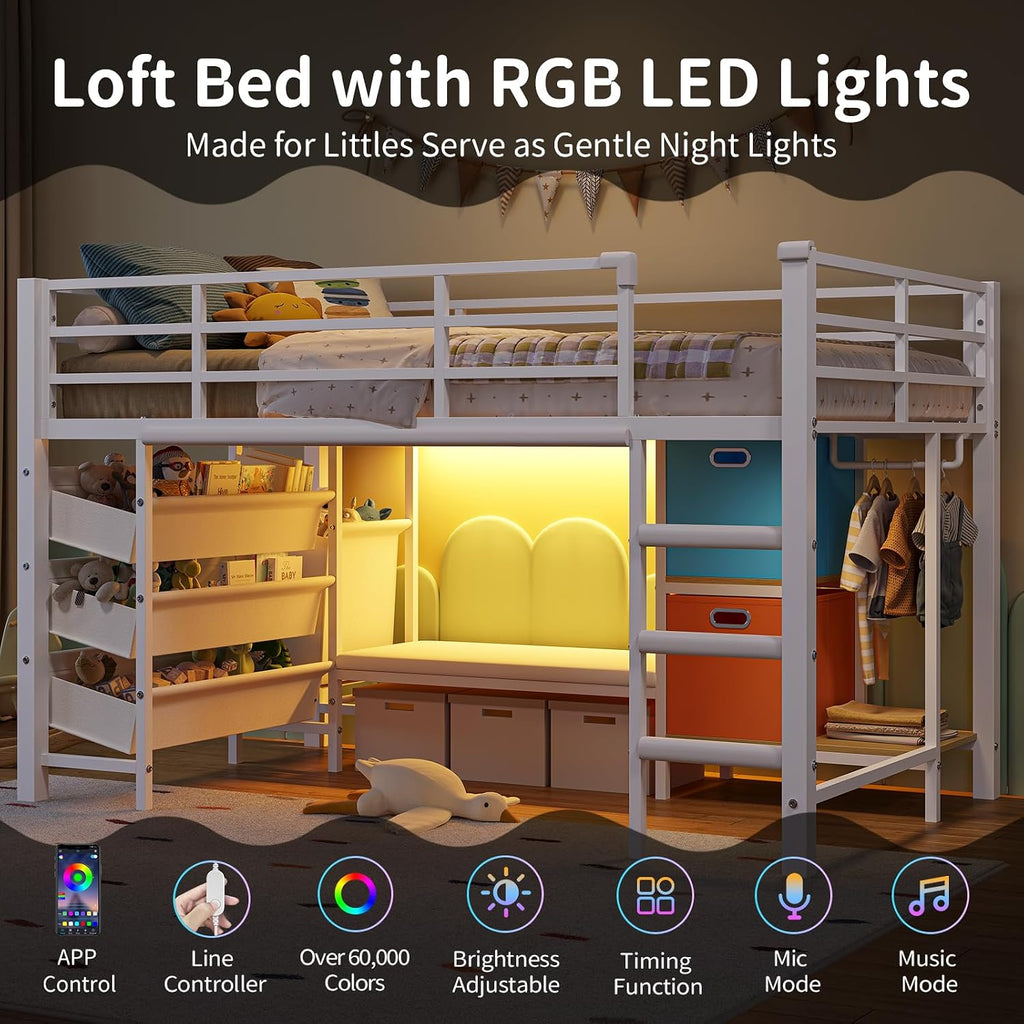 DICTAC Low Loft Bed Twin Size with Reading Corner Metal Twin Loft Bed with LED Lights,Sling Drawers and Bookshelf,loft Bed with Storage Basket and Bins,13.98' H Safety Guardrail and Stairs,White