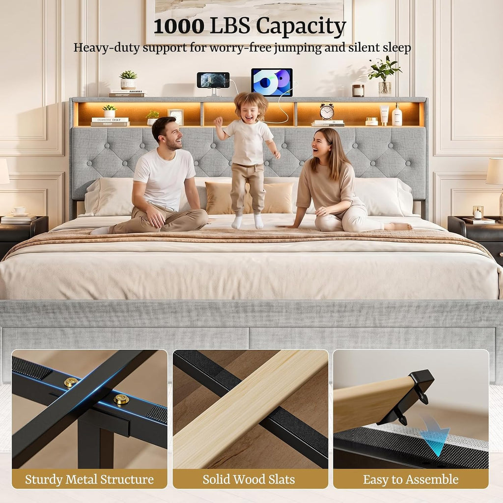 IKIFLY California King Bed Frames with 4 Drawers & Hidden Storage Headboard, Upholstered Cal King Platform Bed with LED Lights and Charging Station, No Box Spring Needed, Noise Free, Light Grey