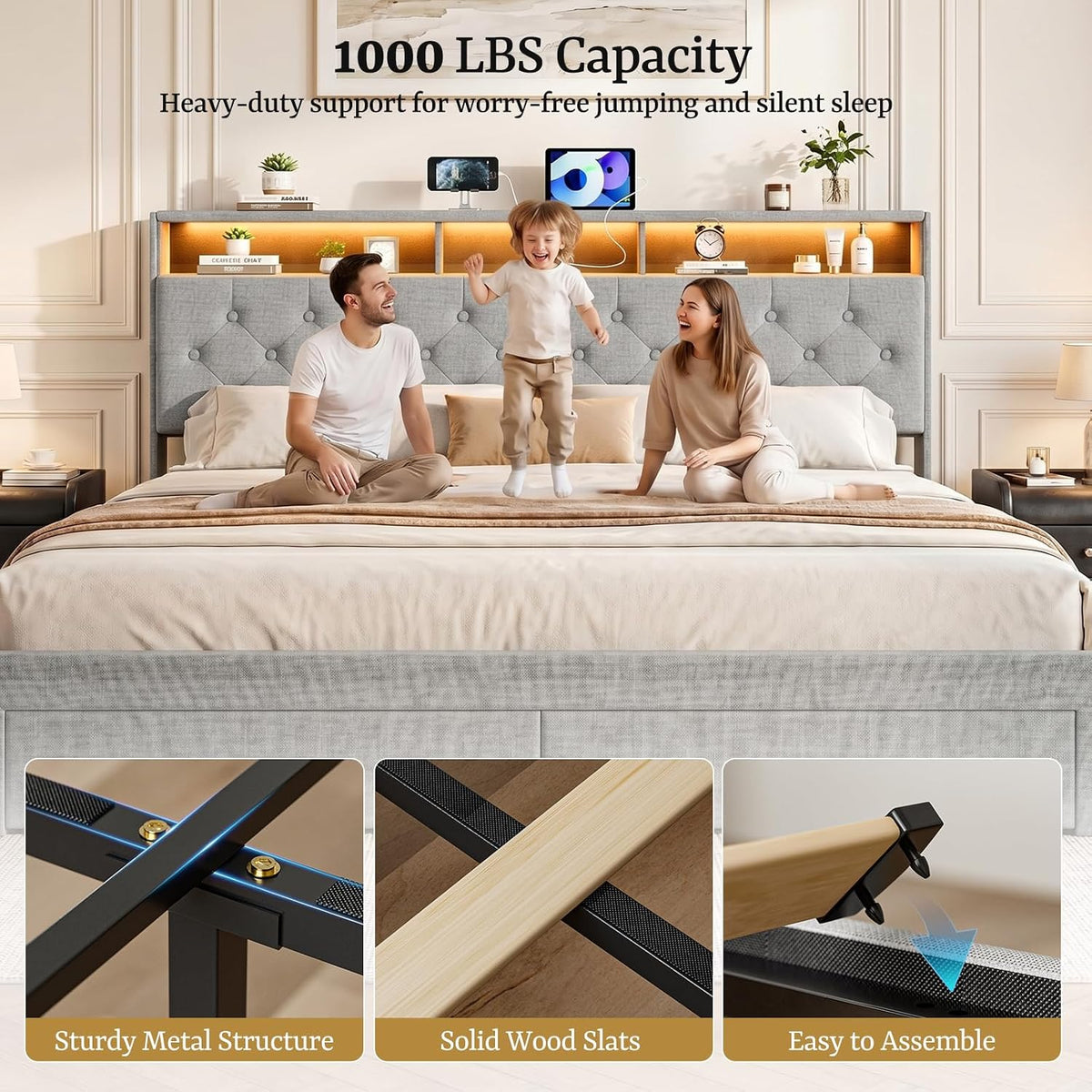 IKIFLY King Bed Frame with Hidden Storage Headboard, Upholstered King Size Storage Platform Bed with 4 Drawers & LED Lights, Type-C Charging Station, No Box Spring Needed, Noise Free, Light Grey