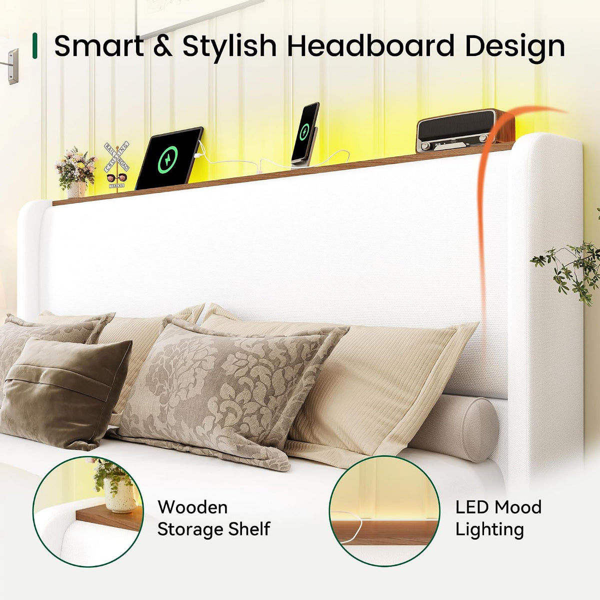 LARMACE King Size Bed Frame with LED Lights and Charging Station Linen Upholstered Platform Bed Frame with 51.2' Tall Wingback Headboard and Storage Shelf, No Box Spring Needed, Easy Assembly, Cream
