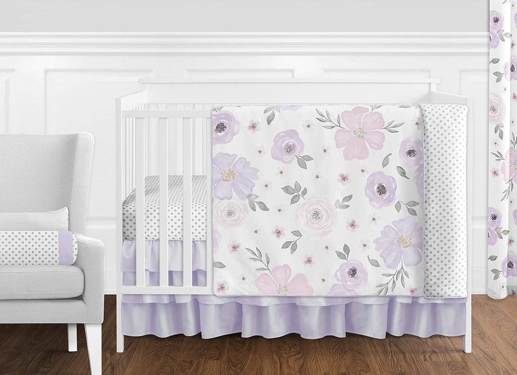 Sweet Jojo Designs Lavender Purple, Pink, Grey and White Shabby Chic Watercolor Floral Baby Girl Nursery Crib Bedding Set - 11 Pieces - Rose Flower Polka Dot