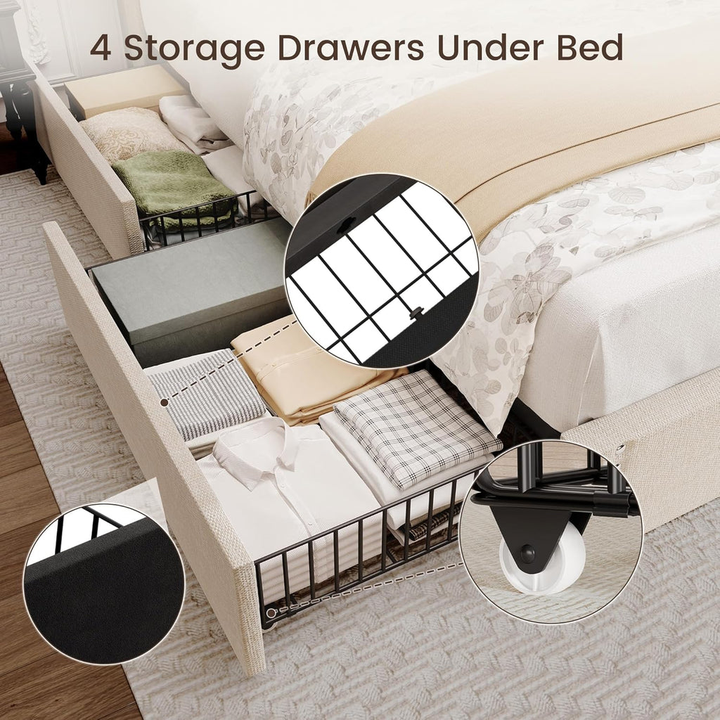 BRELTAM Full Size Bed Frame with 4 Storage Drawers and Tufted Headboard Linen Upholstered Platform Bed Frame with Heavy Duty Wood Slats, No Box Spring Needed, Beige