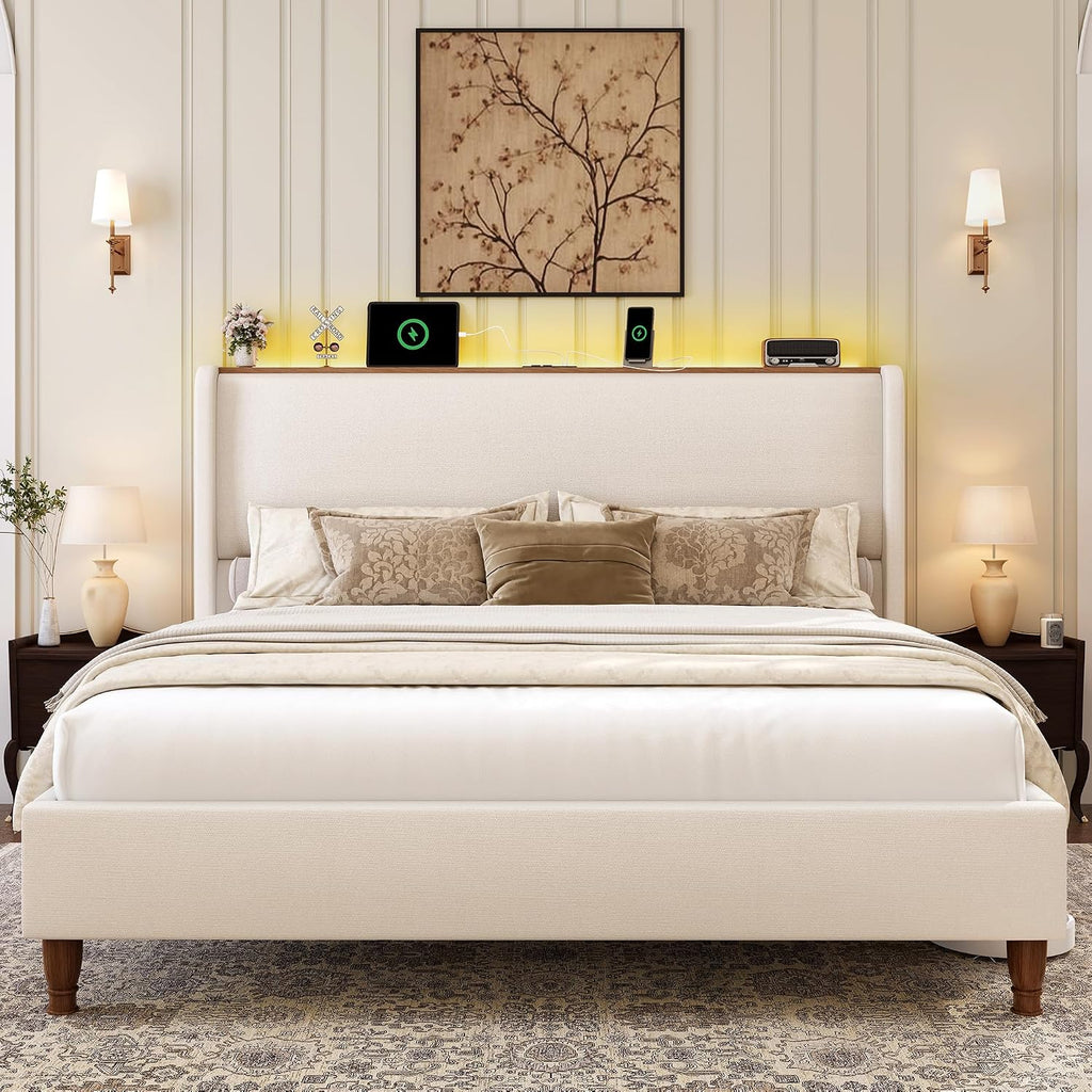 LARMACE King Size Bed Frame with LED Lights and Charging Station Linen Upholstered Platform Bed Frame with 51.2' Tall Wingback Headboard and Storage Shelf, No Box Spring Needed, Easy Assembly, Beige