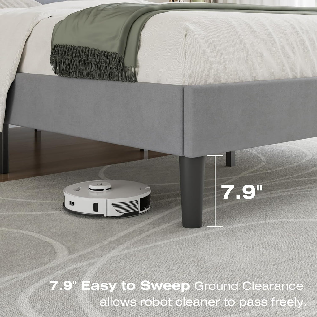 VECELO Full Bed Frame with Upholstered Headboard, Heavy-Duty Platform Bedframe with Strong Wooden Slats Support, No Boxing Spring Needed, Light Grey
