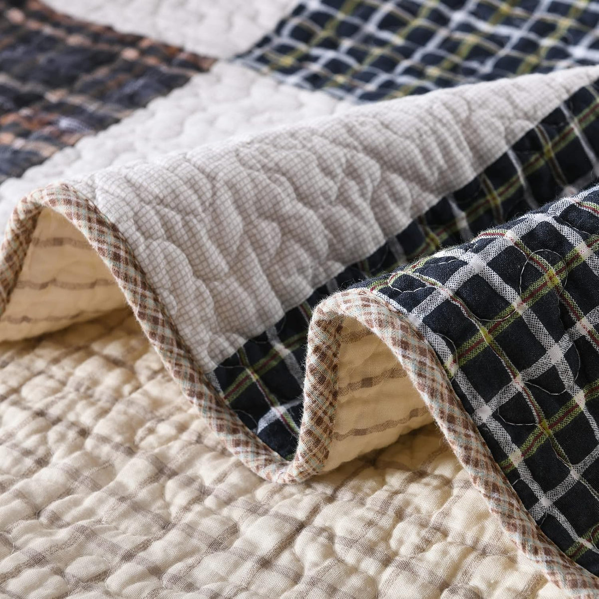 SahSahCasa Quilt Queen Size, Queen Quilt Set, 100% Cotton Queen Quilted Bedding Set Bedspread, Patchwork Farmhouse Quilts, Plaid Lightweight Rustic Comforter for Queen Bed, Beige, for All Season