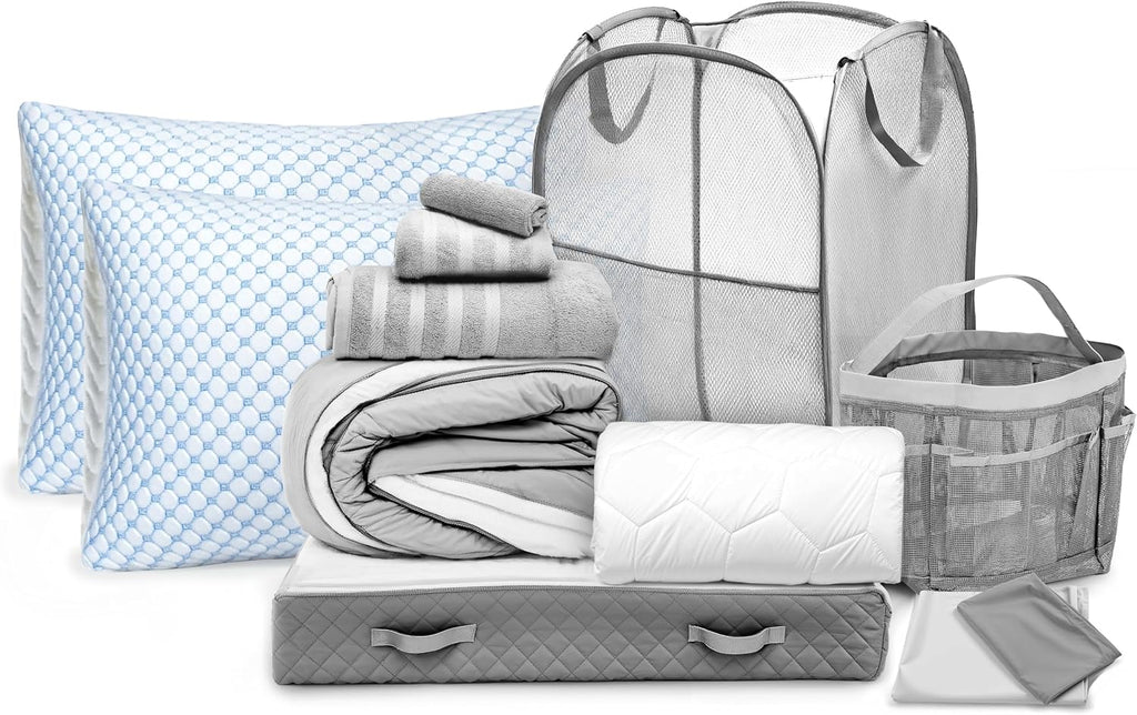 Hearth & Harbor Complete Dorm Room Set, Twin XL Comforter Set, Sheet Set, Pillows, Mattress Protector, Towels and Organizers - All Dorm Accessories Included