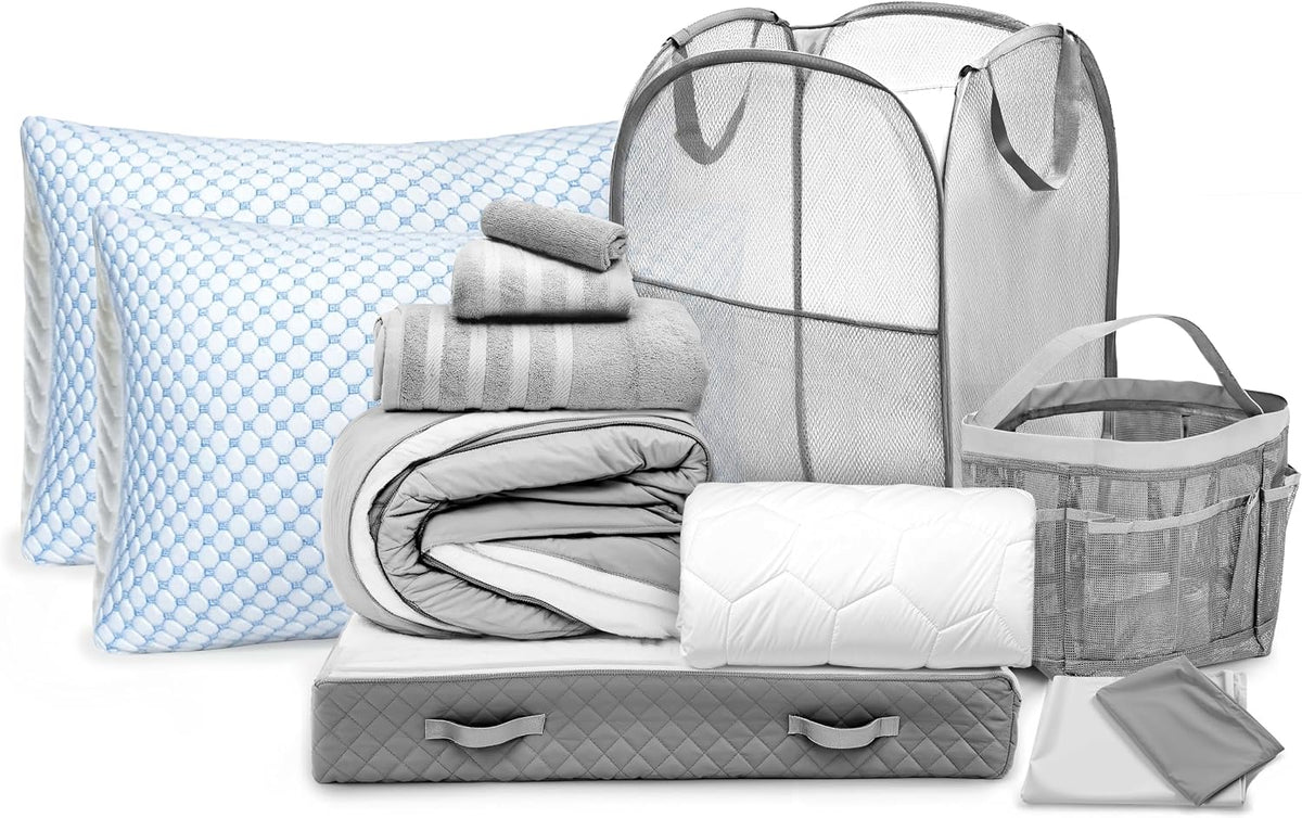 Hearth & Harbor Complete Dorm Room Set, Twin XL Comforter Set, Sheet Set, Pillows, Mattress Protector, Towels and Organizers - All Dorm Accessories Included