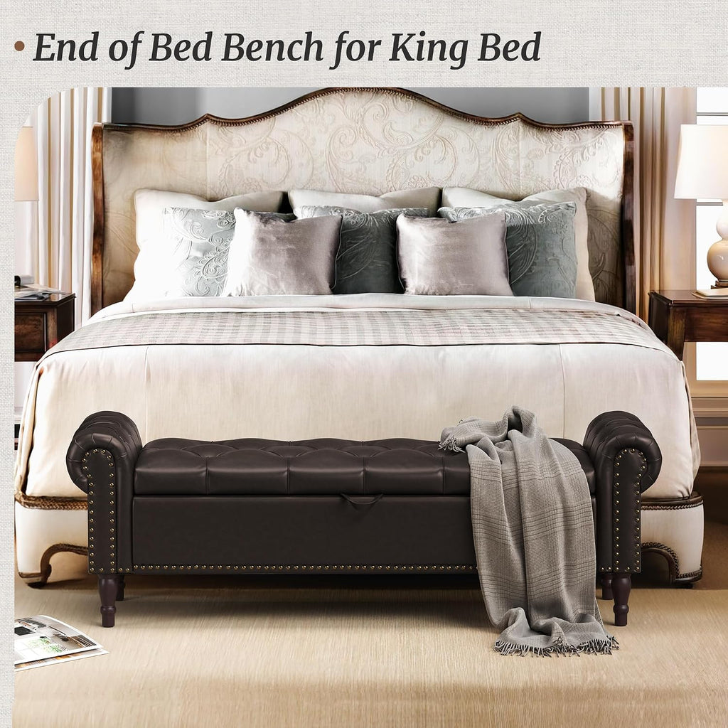 Cozyman Storage Bench Ottoman, 61' Faux Leather Rolled Arm Bedroom End of Bed Bench, Window Bench with Button Tufted and Nailhead Trim for Foot of Bed Bench, Bedroom, Entryway, King Size, Dark Brown