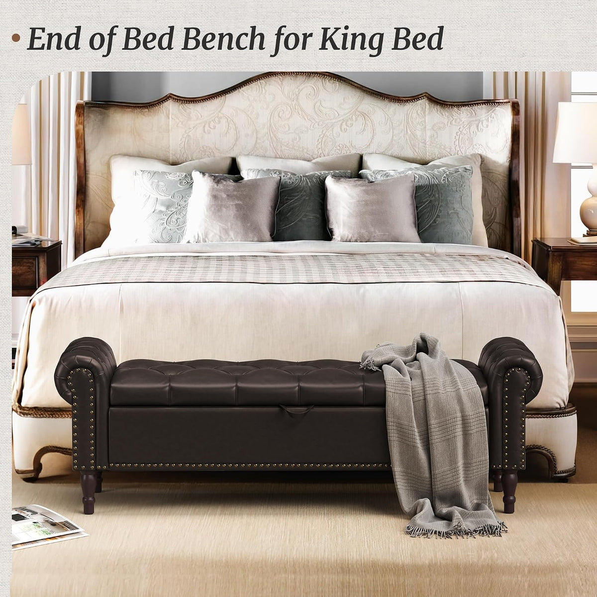 Cozyman Storage Bench Ottoman, 61' Faux Leather Rolled Arm Bedroom End of Bed Bench, Window Bench with Button Tufted and Nailhead Trim for Foot of Bed Bench, Bedroom, Entryway, King Size, Dark Brown
