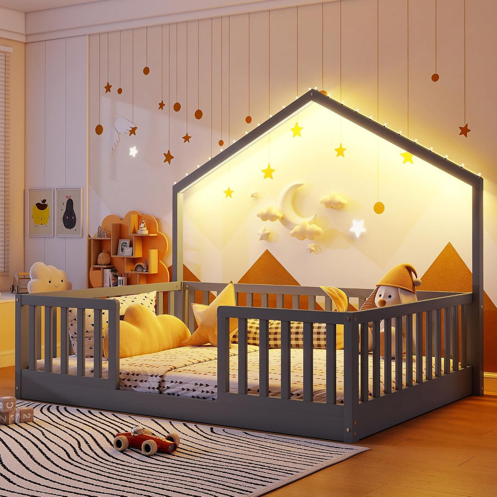 Full Size House Bed for Kids, Low Profile Full Montessori Bed with High Railings, Wood House Shape Montessori Beds with Light & Roof for Kids, Gray