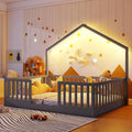 Full Size House Bed for Kids, Low Profile Full Montessori Bed with High Railings, Wood House Shape Montessori Beds with Light & Roof for Kids, Gray