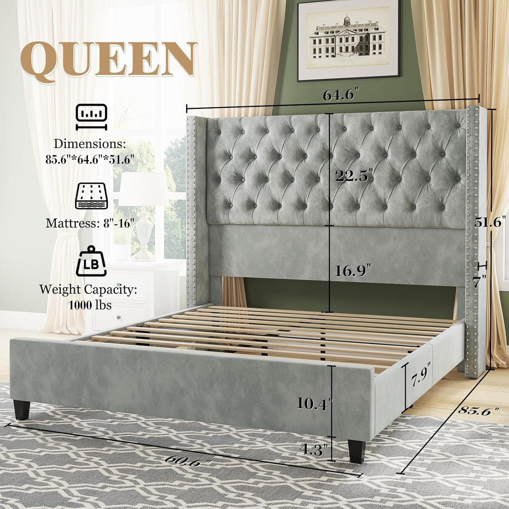 Jocisland Queen Size Bed Frame with 51.6' Wingback Tufted Velvet Headboard, Modern Upholstered Platform Bed, No Box Spring Needed, Easy Assembly, Light Grey