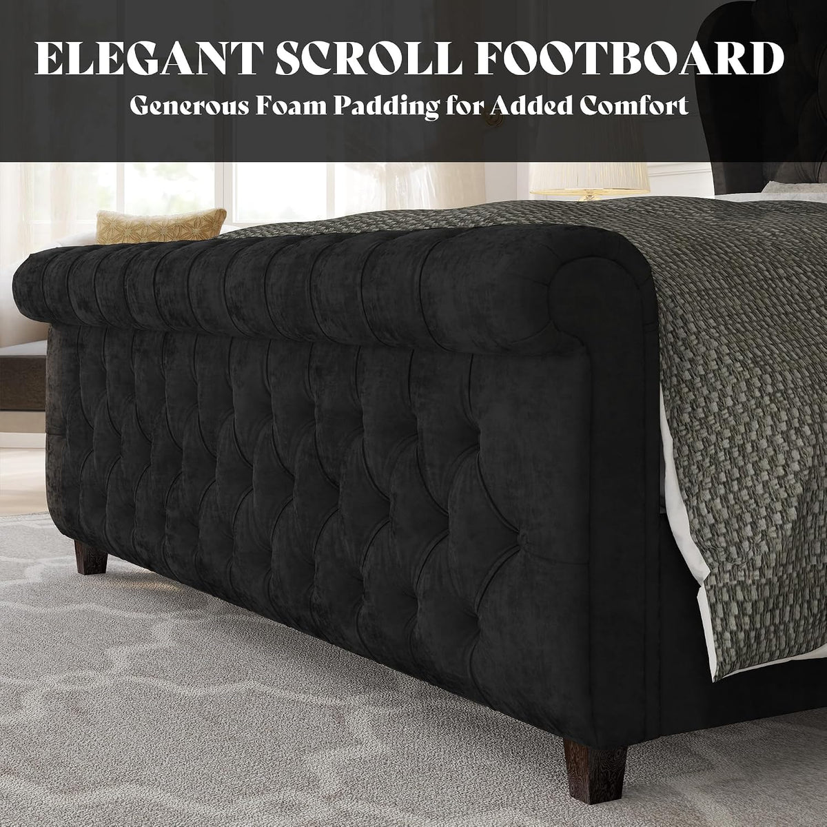 AMERLIFE California King Size Platform Bed Frame, Velvet Upholstered Sleigh Bed with Scroll Wingback Headboard & Footboard/Button Tufted/No Box Spring Required/Black