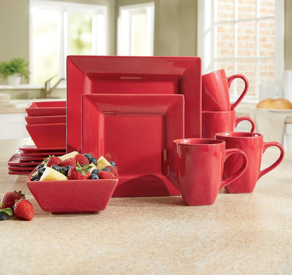 Montgomery Ward 16-Piece Sleek Red Square Dinnerware Set for 4 - Modern Stoneware Plates and Bowls Set (Red)
