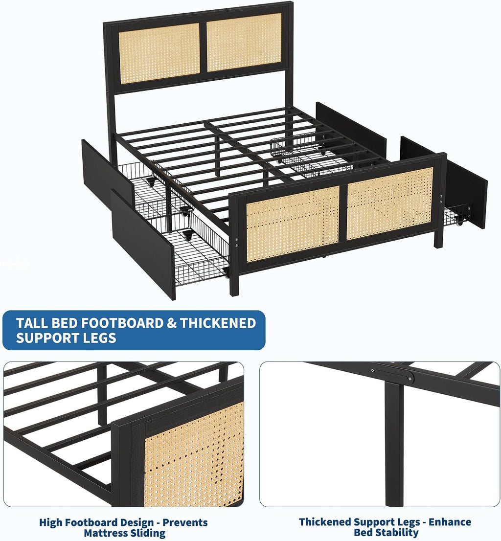 IDEALHOUSE Rattan Bed Frame with Storage Drawers, Boho Full Size Led Bed Frame with Strong Metal Slats Support, No Box Spring Needed, Noise-Free Design, Black