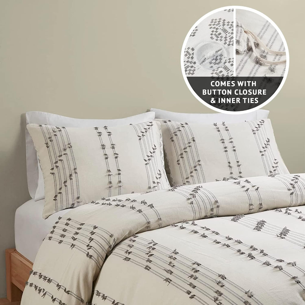 INK+IVY Cotton Duvet Cover King Size - 100% Cotton Duvet Cover Set, Boho Bedding Set for All Seasons Farmhouse Bedding Duvet & Sets with 2 Pillowcase, Jacquard Stripes, Ivory 3 Piece King/Cal King