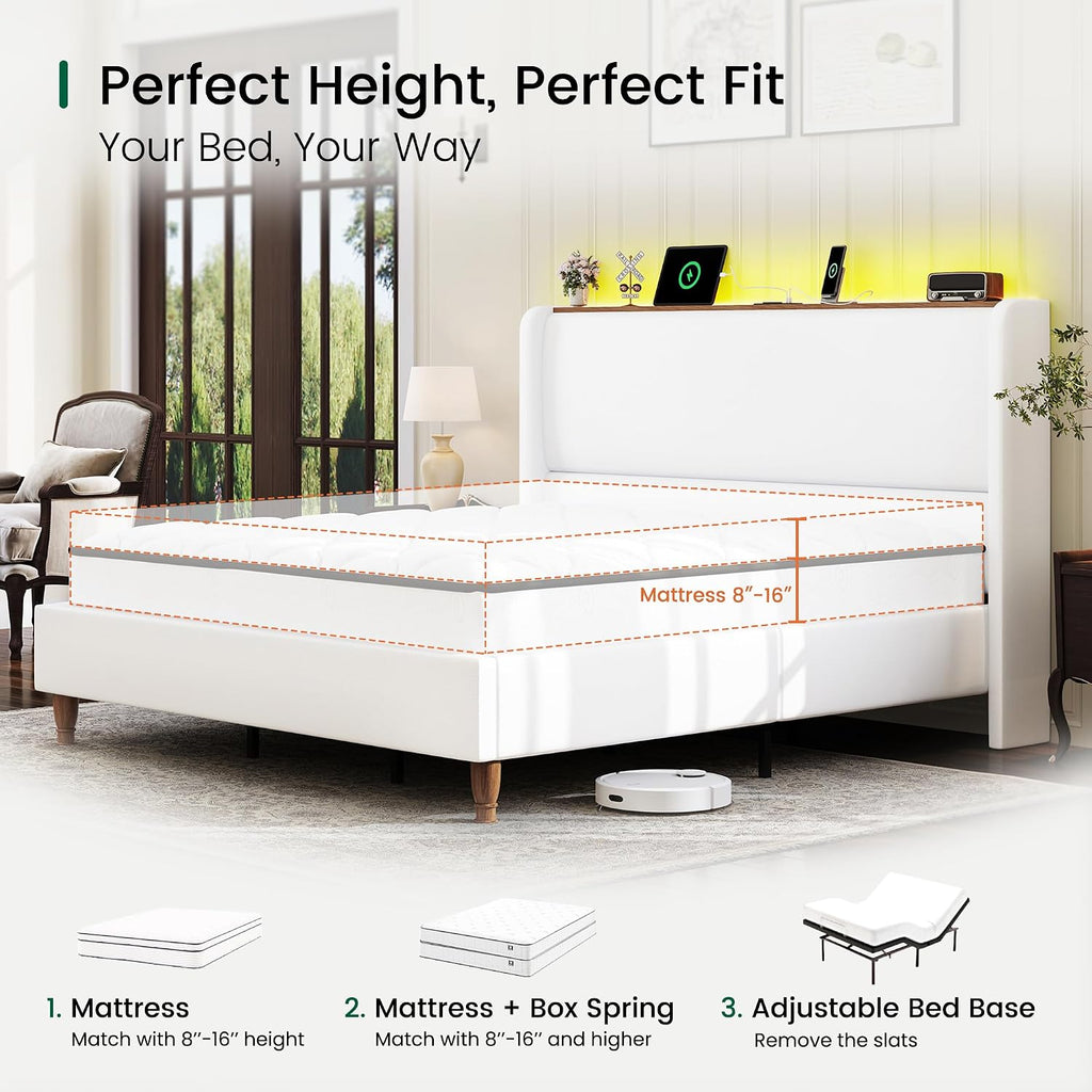 LARMACE King Size Bed Frame with LED Lights and Charging Station Linen Upholstered Platform Bed Frame with 51.2' Tall Wingback Headboard and Storage Shelf, No Box Spring Needed, Easy Assembly, Cream