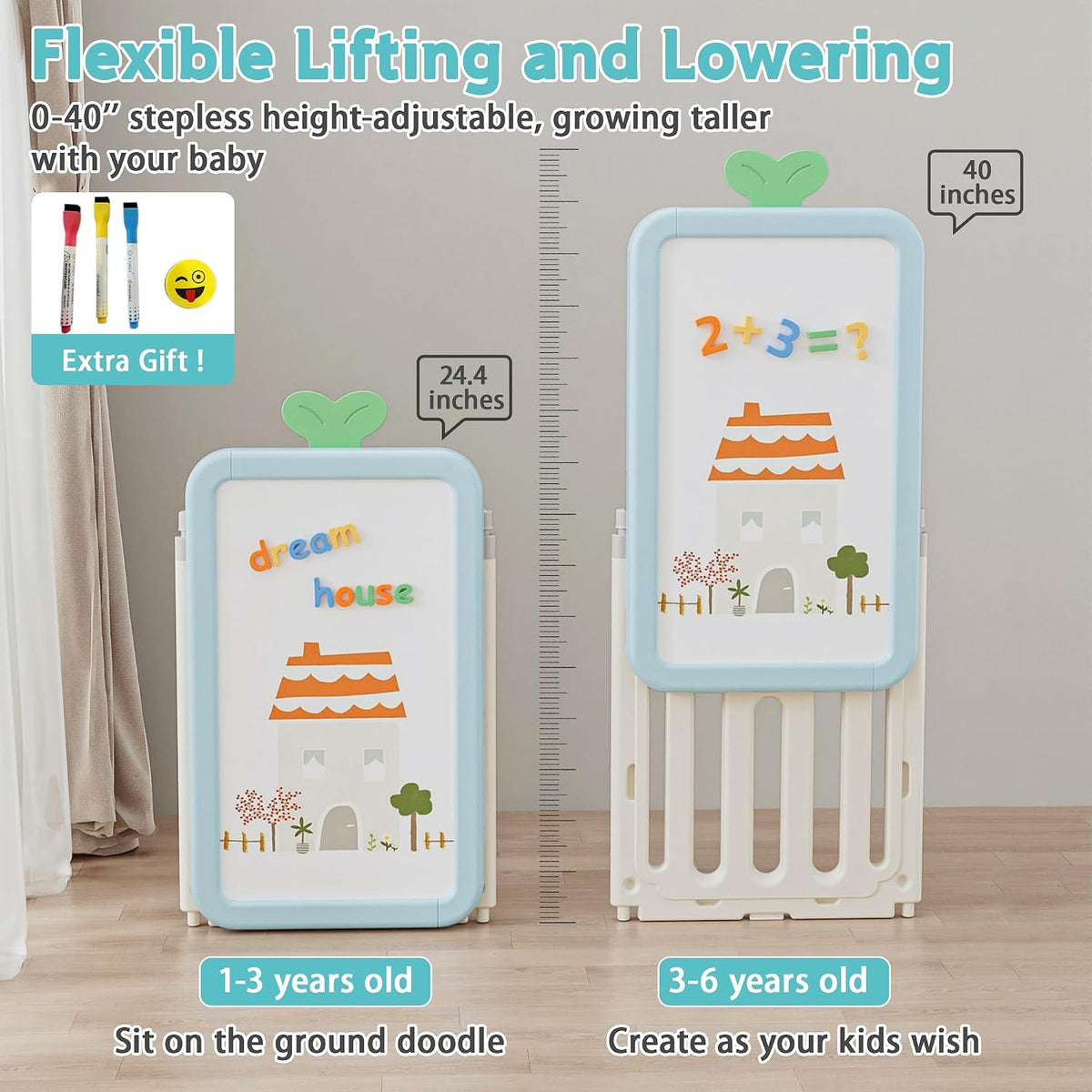 Kids Toy Storage Organizer with 10 Removable Bins, Foldable Toy Organizers and Storage with 3-Tier Bookshelf for Kids Toy Storage Organizer with Drawing Board, Extra 3 Brushes (4 In 1 Light Blue)