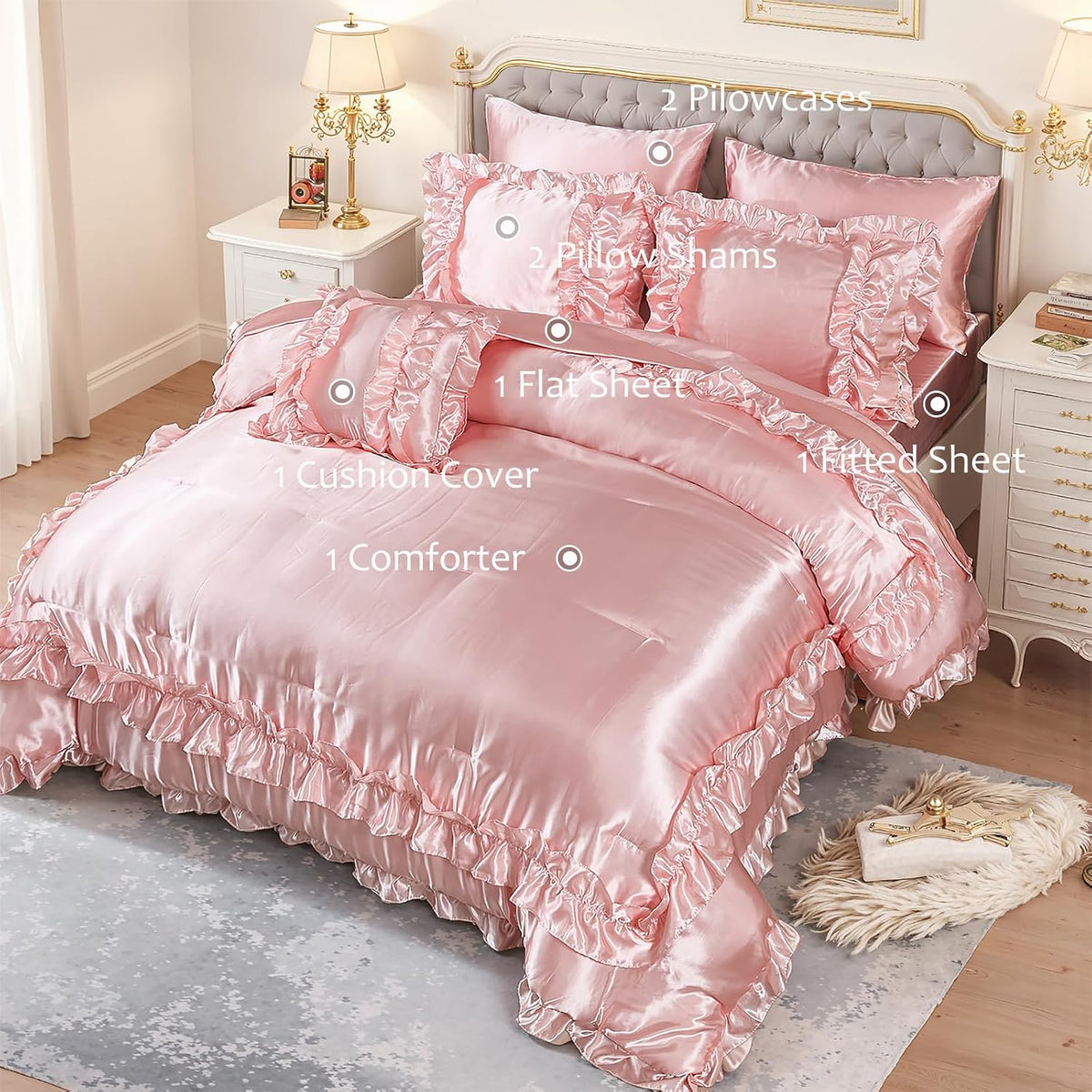 MOVE OVER Satin Comforter King Size 8 Pieces Pink Silky Satin Comforter Set with Sheet Set Luxurious Pink Ruffled Bedding Comforter Set Super Silky Soft Silk Like Satin Bed Set for All Season