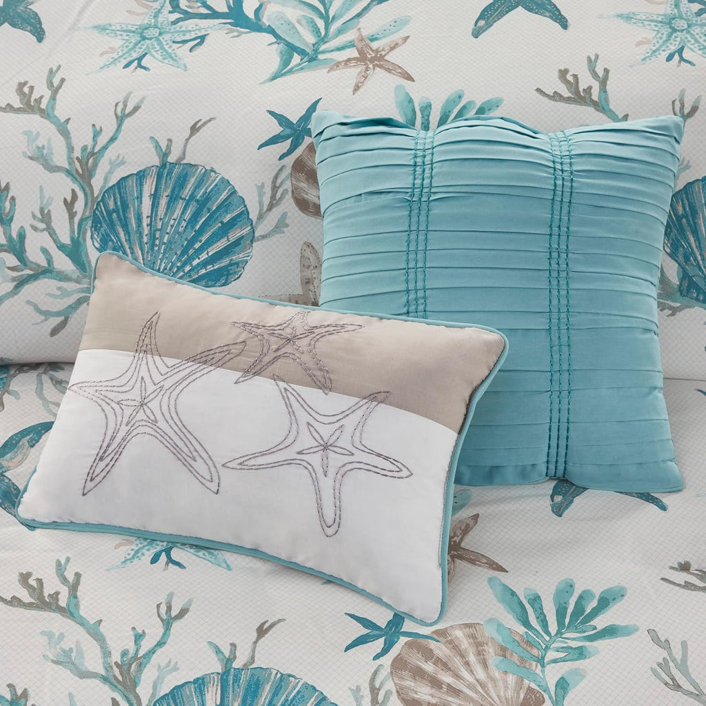 Madison Park Pebble Beach Cotton Duvet Set - Coastal, Starfish, Sealife Design, All Season, Breathable Comforter Cover Bedding, Matching Shams, Decorative Pillows, Aqua Full/Queen(90'x90') 6 Piece
