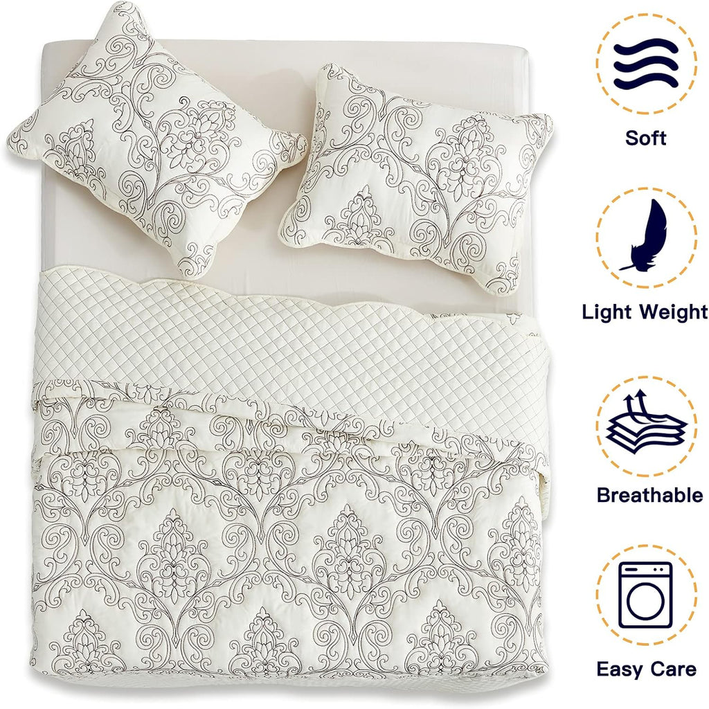 CHIXIN Bedspread Coverlet Quilt Set Full Size - Lightweight Bedding Cover - Beautiful Stitching - 5 Piece Reversible Bedspread - Luxury Damask Paisley Pattern (Full, Ivory)
