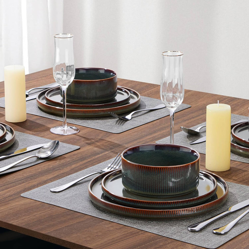 LIANYU Dinnerware Sets with Pasta Bowls, 24 Piece Ribbed Dinnerware Plates and Bowls Set for 6, Elegant Modern Stoneware Dishes Set for Kitchen Dining, Microwave and Dishwasher Safe, Jungle Green