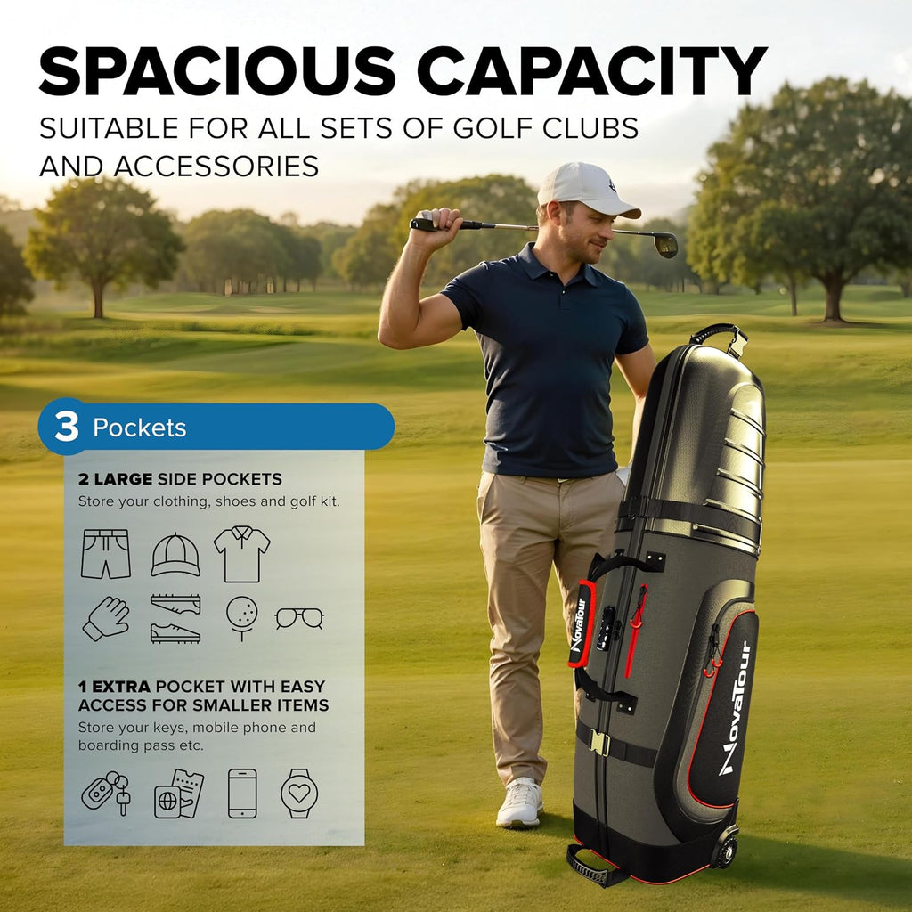 Golf Travel Bag for Airlines: Hard Case Top, Waterproof Zippers, 1680D Oxford Fabric, Built-in TSA Lock, Oversized Tank Wheels, Lightweight – Maximum Club Protection