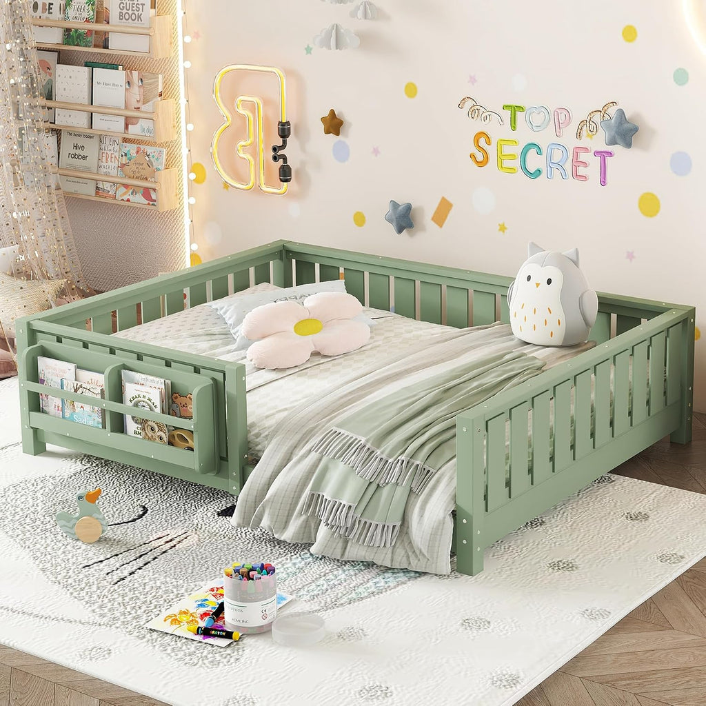 Bellemave Full Floor Bed with Slats and Rails, Full Size Montessori Floor Bed with Bookcase and Fence, Easy Assemble Montessori Beds for Girls, Boys, Avocado Green