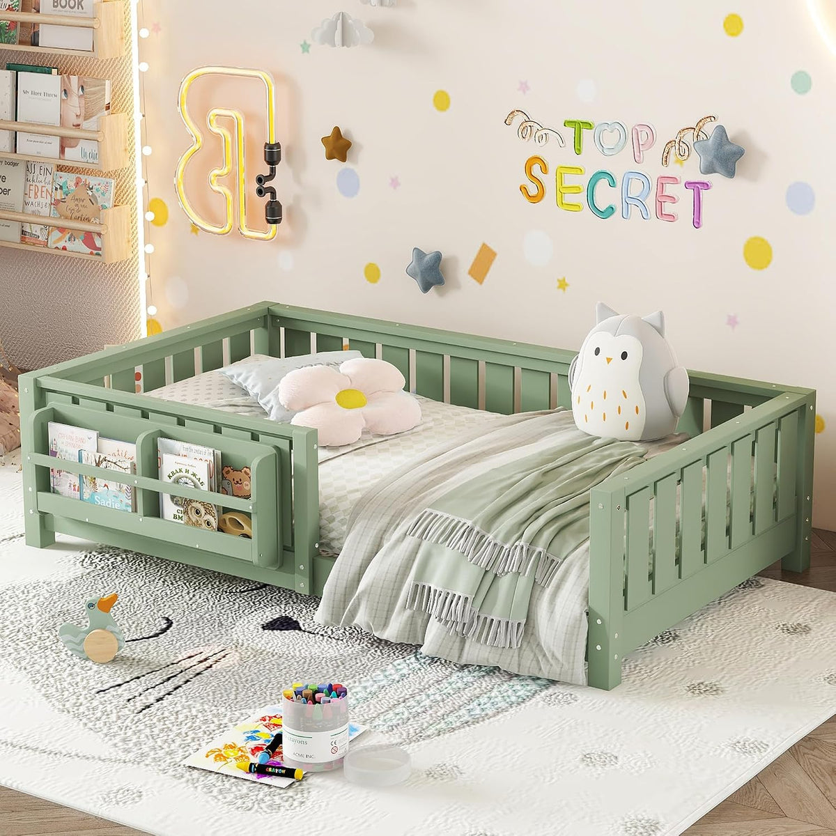 Bellemave Twin Floor Bed with Rails and Slats, Twin Size Montessori Floor Bed with Bookshelf and Fence, Easy Assemble Montessori Beds Frame for Girls, Boys, Avocado Green