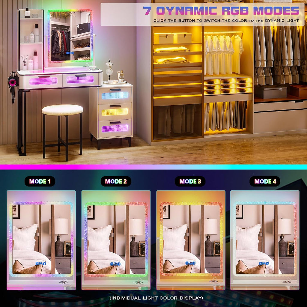 Gurexl RGB Makeup Vanity Desk with Wireless Charging Station, LED Vanity Make up Set with Visible Desktop,7 Dynamic and 7 Static Dimmable Vanity Table Set with Stool & 6 Drawers, Gift for Little Girls