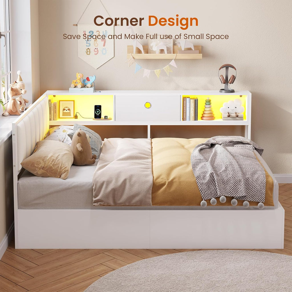 DICTAC Corner Full Bed Frame with Hydraulic Storage,Charging Station & Led Lights Corner Lift up Bed with Storage Drawers & Upholstered Headboard & Bookcase,Full Size Daybed for Teen/Adult,White