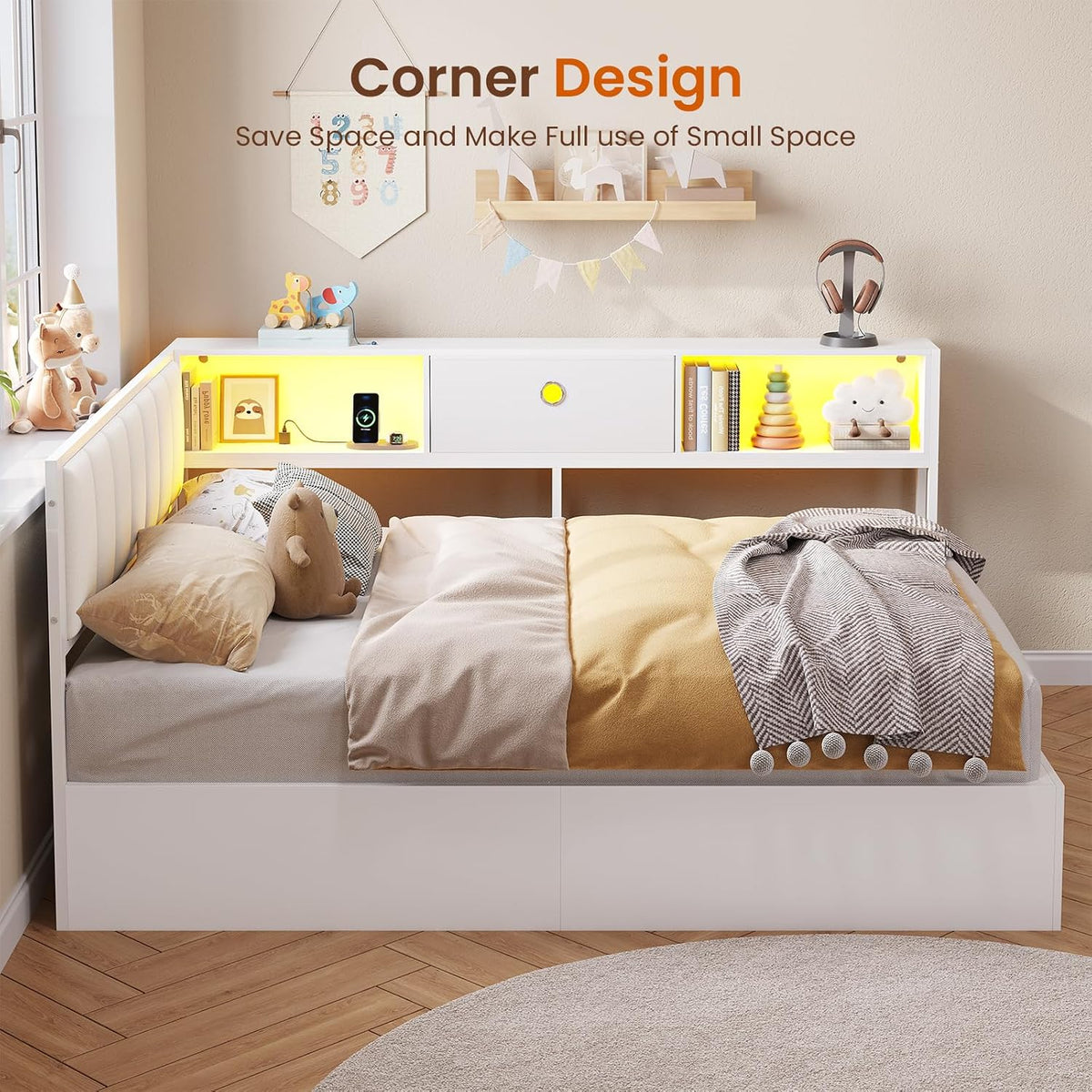 DICTAC Corner Full Bed Frame with Hydraulic Storage,Charging Station & Led Lights Corner Lift up Bed with Storage Drawers & Upholstered Headboard & Bookcase,Full Size Daybed for Teen/Adult,White
