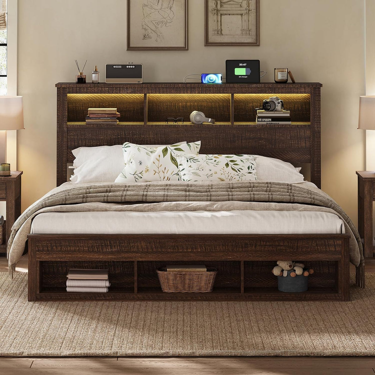 Albott Farmhouse Full Size Bed Frame with Storage/Bookcase Headboard & Footboard, Wood Platform Bed with LED Lights/Charging Station, Heavy-Duty Metal Support/No Box Spring Needed/Noise-Free, Brown