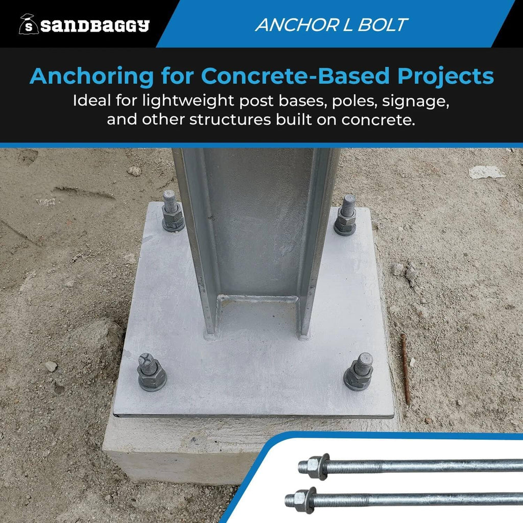Sandbaggy 1/2' X 10' Threaded Concrete Anchor L-Bolts (Nuts & Washers Included) - Hot Dipped Galvanized - Sill Plate, Base Plate, Masonry, Wood, Cement Anchors, J Bolt (50, 1/2' x 10')