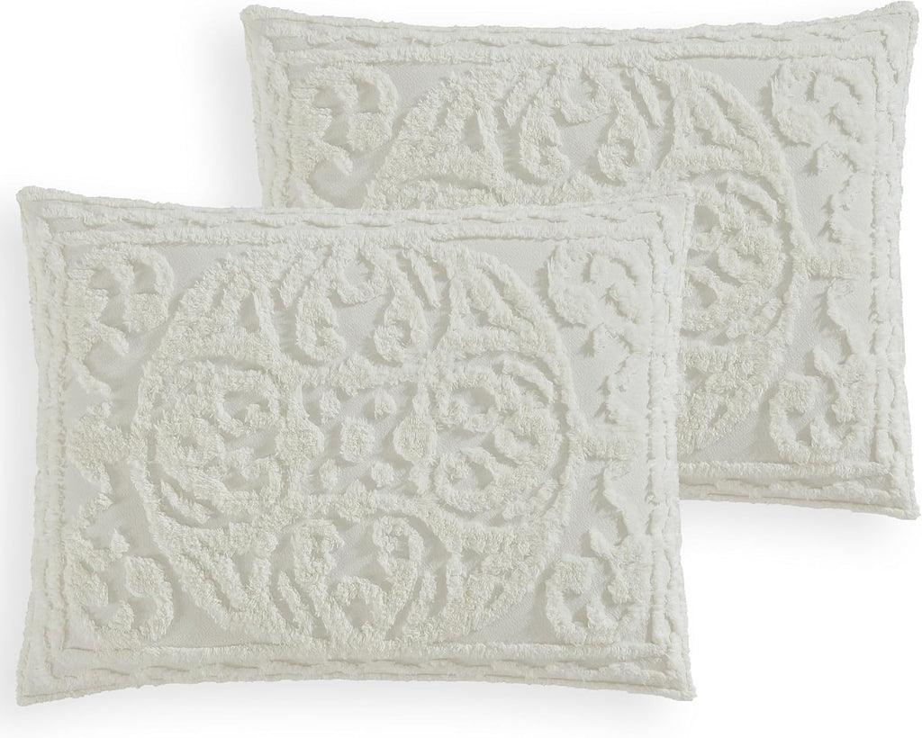 Beatrice Home Fashions Medallion Tufted Chenille Comforter 3-Piece Set, Cotton, All Season Cozy Bedding, Queen, Ivory