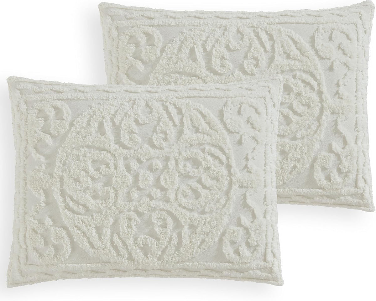 Beatrice Home Fashions Medallion Tufted Chenille Comforter 3-Piece Set, Cotton, All Season Cozy Bedding, Queen, Ivory