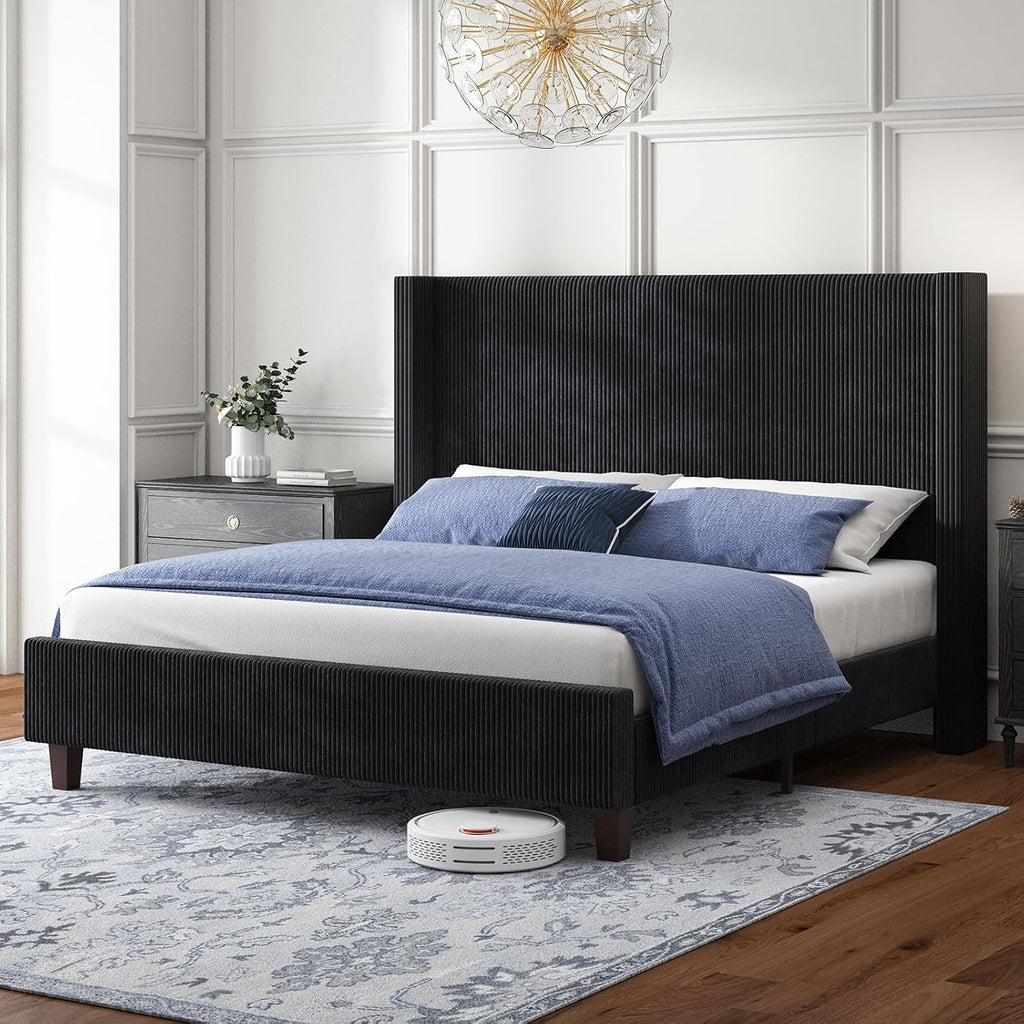 HOWE California King Bed Frame with 50.8' Tall Wingback Headboard, Modern Corduroy Upholstered Platform Bed Frame with Solid Wood Slats & Legs, No Box Spring Needed, Noise-Reducing Design, Black