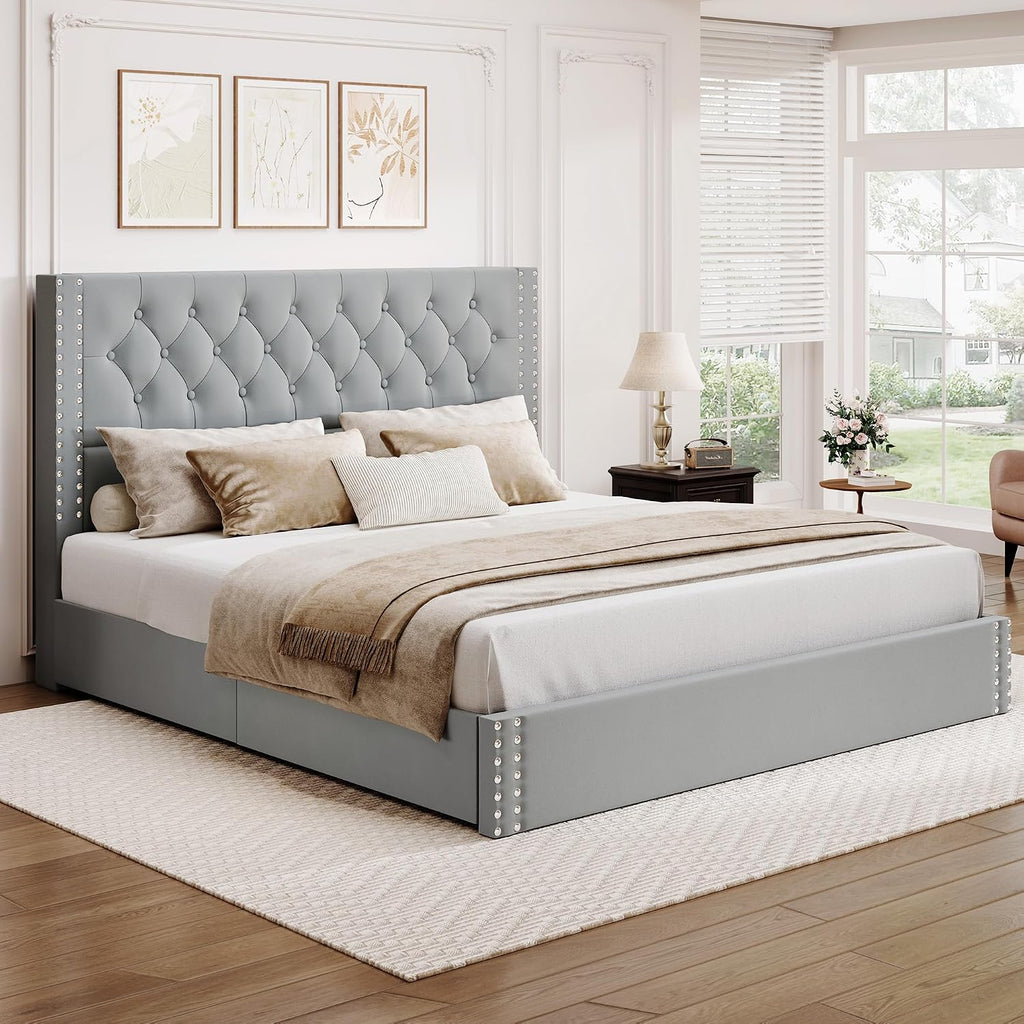 BRELTAM King Size Bed Frame with 4 Storage Drawers and Tufted Headboard Velvet Upholstered Platform Bed Frame with Heavy Duty Wood Slats, No Box Spring Needed, Bluish Grey