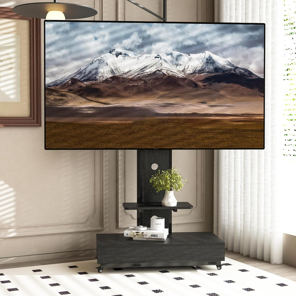 TV Stand with Sliding Drawer, Floor Stand with Lockable Wheel Mount, 32-75 Inch Mobile TV Cart for Living Room, Bedroom, Office