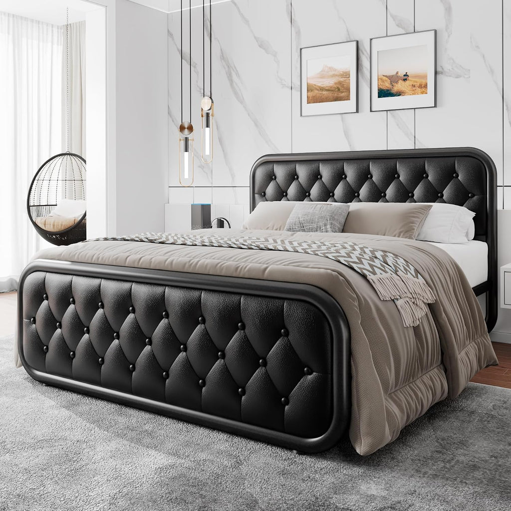 Einhomn Full Size Metal Bed Frame with Button Tufted Leather Upholstered Headboard and Footboard, U-Shape Support Foundation, No Box Spring Required, Black