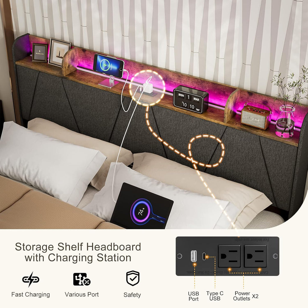 IKIFLY King Bed Frame with Charging Station & Storage Shelf, Upholstered LED Platform Bed Frame, Solid Wood Slats, No Box Spring Needed, Black